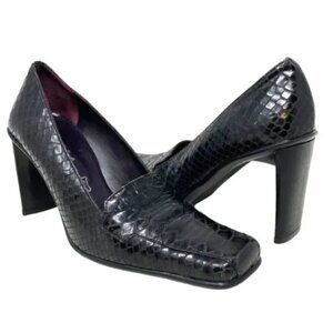 Gama Crocodile Embossed Italian Black Leather Square Toe Pumps - Size 6.5